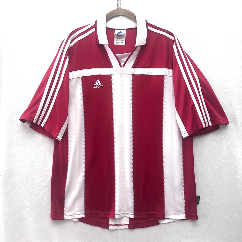 Vintage Adidas Climalite Large 2001 Y2K Red White Striped Soccer Jersey 21